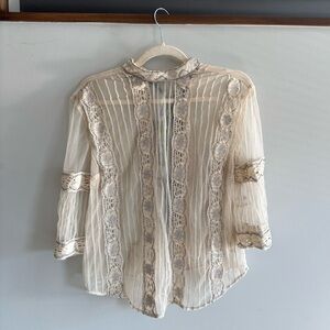 Anthropologie Lace Top with Silver and Cream Details
